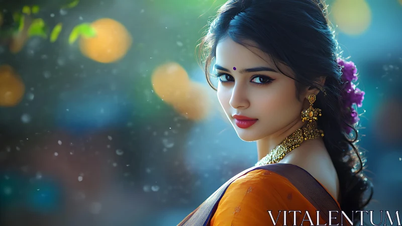 Graceful woman in saree glowing in soft evening light.