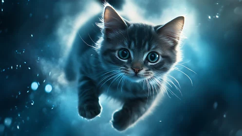 Luminous Kitten Leaps Through Ethereal Azure Dreamscape.