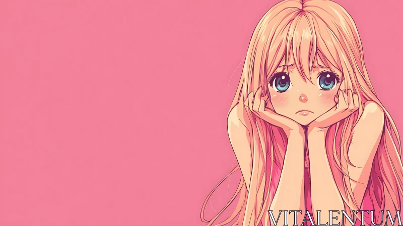 Melancholic anime girl rests on pink minimalist backdrop