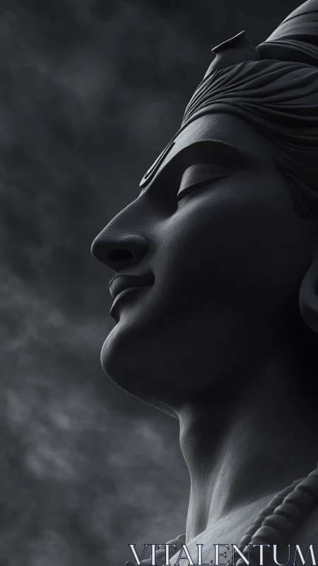 Profile view shows stylized sculpted head in side-lit relief