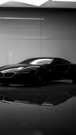 Black BMW concept coupe in reflective studio environment.