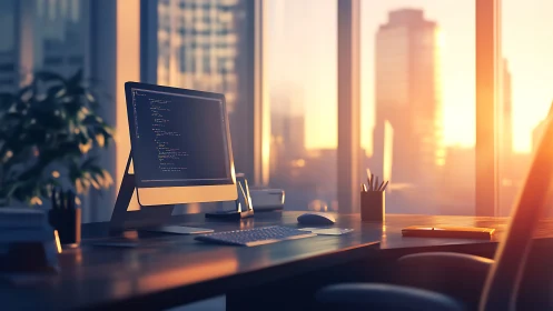 Modern programmer desktop in warm sunset office light.