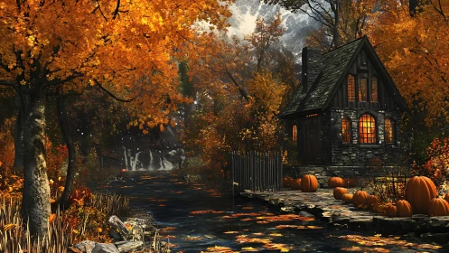 Autumn river cottage with pumpkins under glowing moonlight.