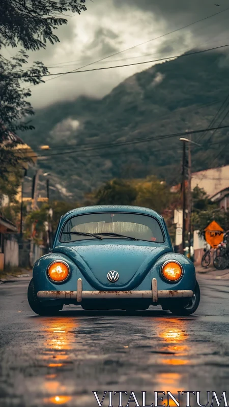 Blue vintage VW Beetle on wet street at dusk.