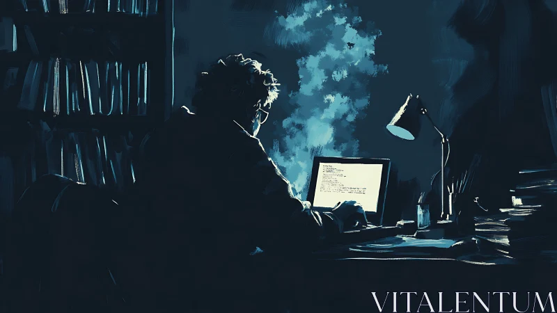 Programmer working late at night in moody blue studio.