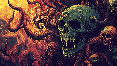 Nightmarish skulls rise among fiery tentacled shadows
