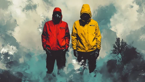 Hooded figures in saturated jackets confront abstract storm backdrop