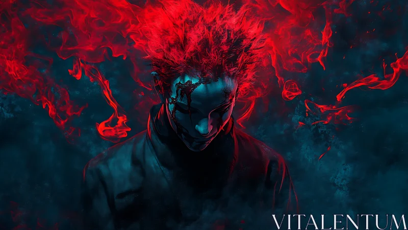 Fiery crimson spectral figure with dissolving face in smoke