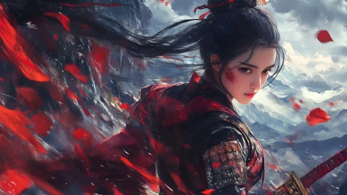 Scarlet warrior turns amid stormy peaks and swirling petals