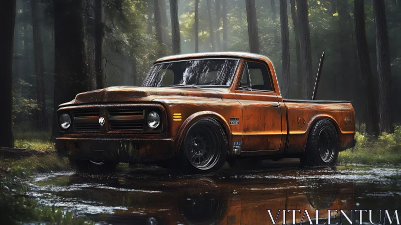 Sunlit orange pickup truck rests quietly in a misty forest