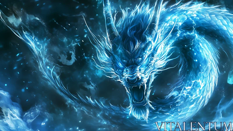 Roaring blue spirit dragon coils through swirling icy light