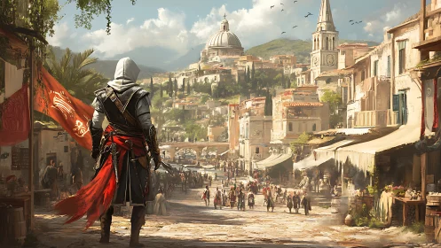 Hooded assassin overlooks lively Renaissance city street.