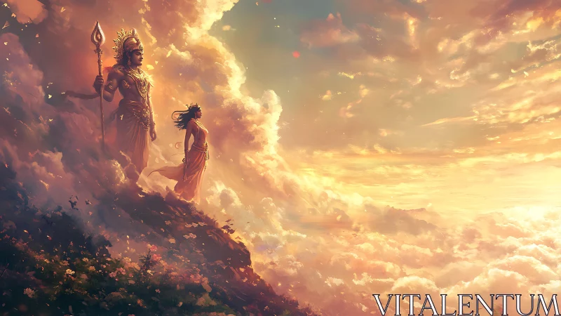 Mythic deities on cloudlit cliff in golden atmospheric light