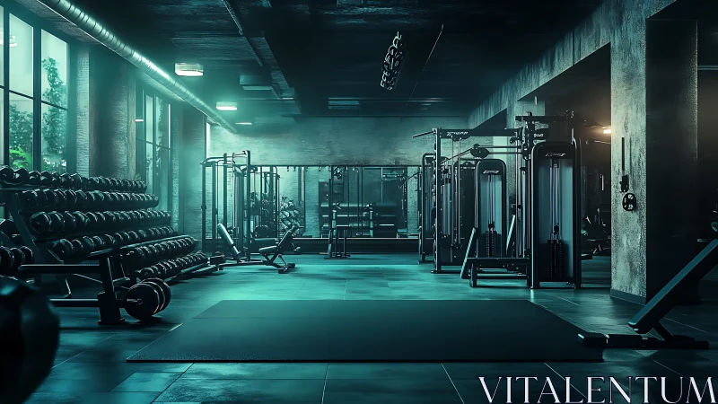 Modern strength training gym interior appears dimly lit