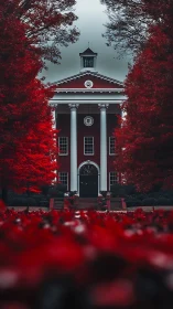 Neoclassical red-brick hall framed by saturated crimson foliage