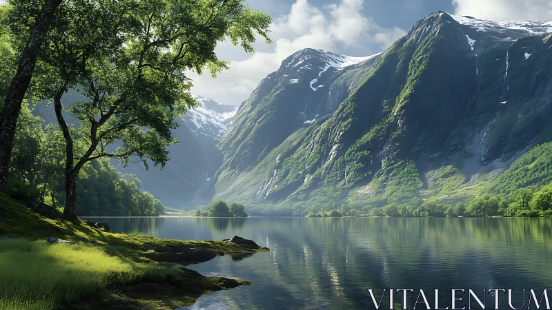 Mountain lake valley with steep cliffs and green forest.