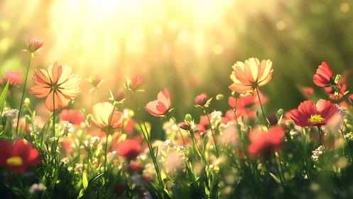 Sunlit field shows red and pink flowers in shallow focus