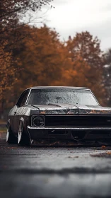 Rusted slammed muscle car under cold autumn rainfall.