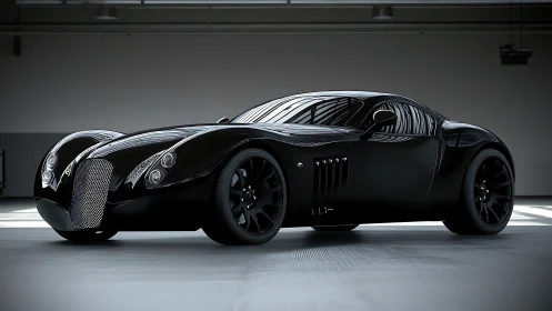 Gloss black retro-futurist sports coupe rendered in studio light