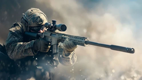 Tactical sniper positioned for long-range precision fire