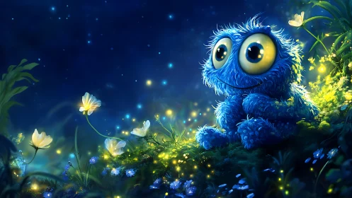 Blue furry creature watches fireflies in glowing night meadow