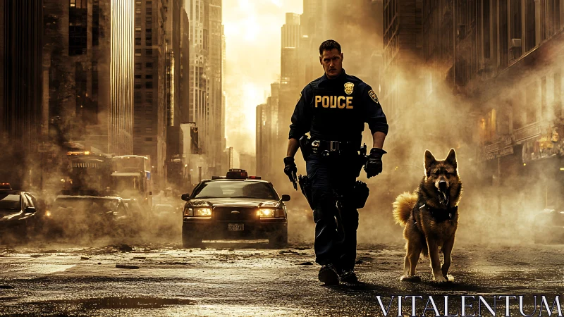 Police officer and K9 stride through smoky city street after chaos