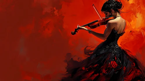 Violinist in black gown performs against blazing red backdrop.