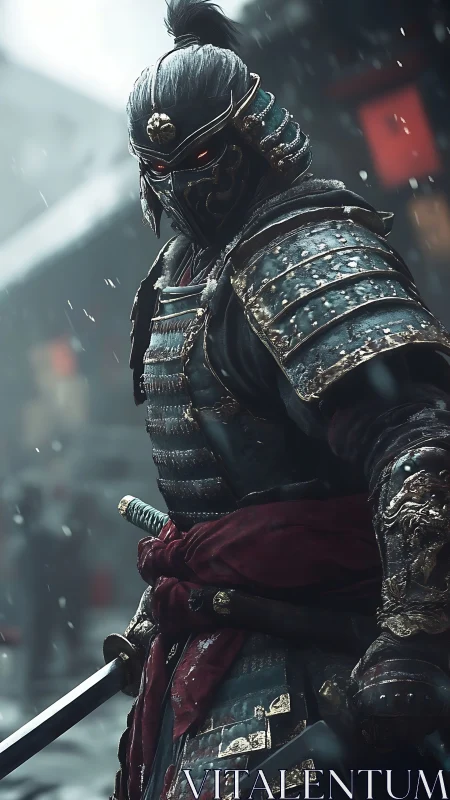 Armored warrior stands in snow with sword partially drawn