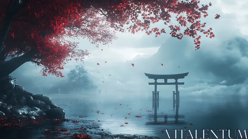 Red maple shore framing misty torii over still lake.