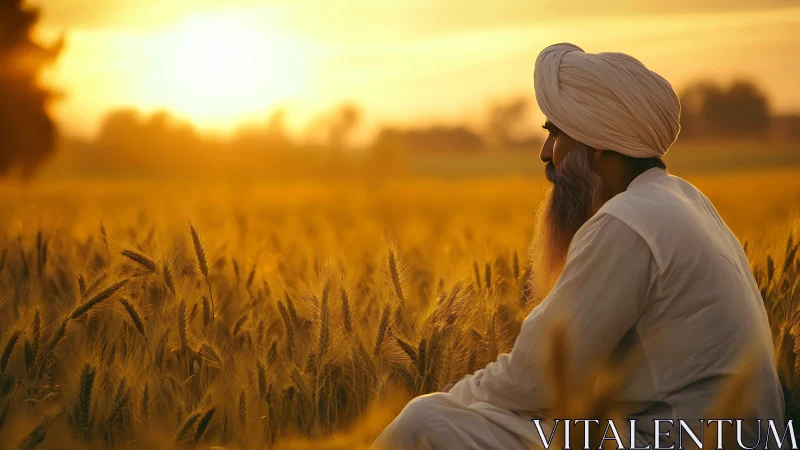 Elderly farmer seated in wheat field under golden sunset glow