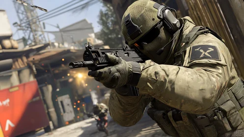 Tactical soldier aiming rifle in dense urban combat zone.