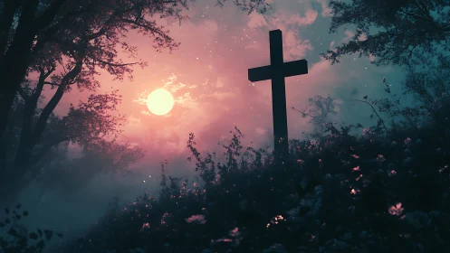 Digital painting of luminous cross at dusk woodland clearing.