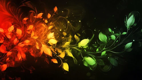 Colorful swirling leaves dance across a glowing dark sky