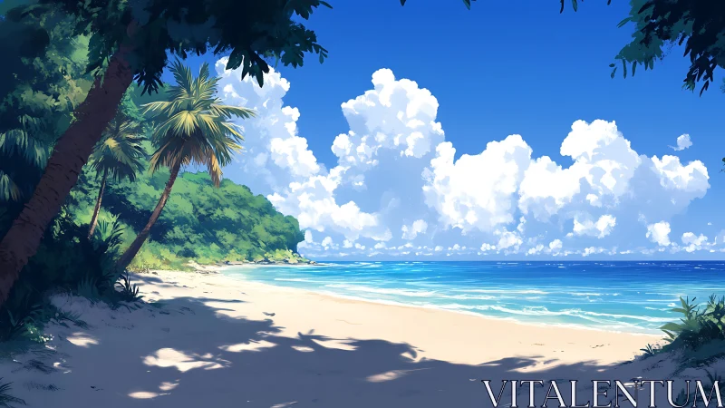 Tropical Beach Scene with Palm Trees and Ocean.