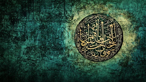 Circular Arabic calligraphy medallion contrasts textured teal ground