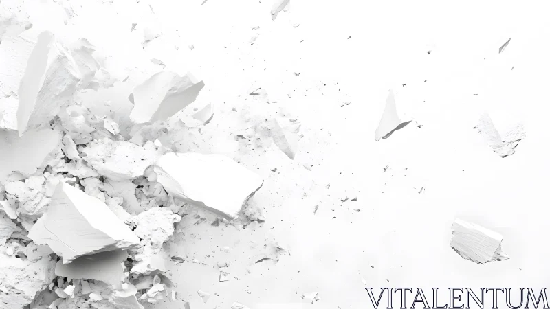 Abstract white plaster debris flying on minimal background.