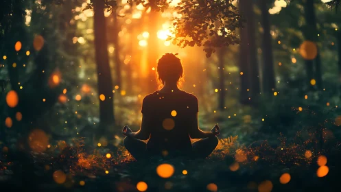 Person meditating in forest at sunset with glowing lights.