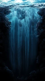 Ocean surface opens into deep vertical underwater chasm