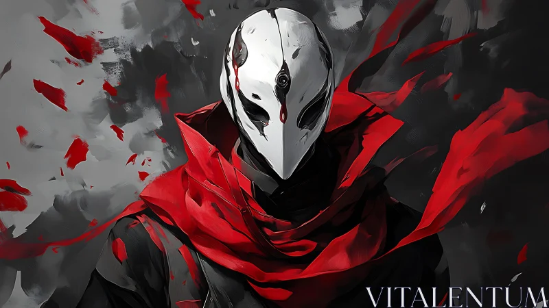 Masked figure in red scarf rendered with dynamic digital brushwork