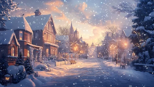 Snowlit Victorian street scene captures golden winter dusk