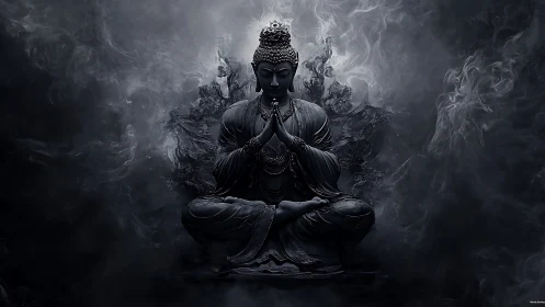 Calm meditating Buddha in swirling midnight meditation mist.