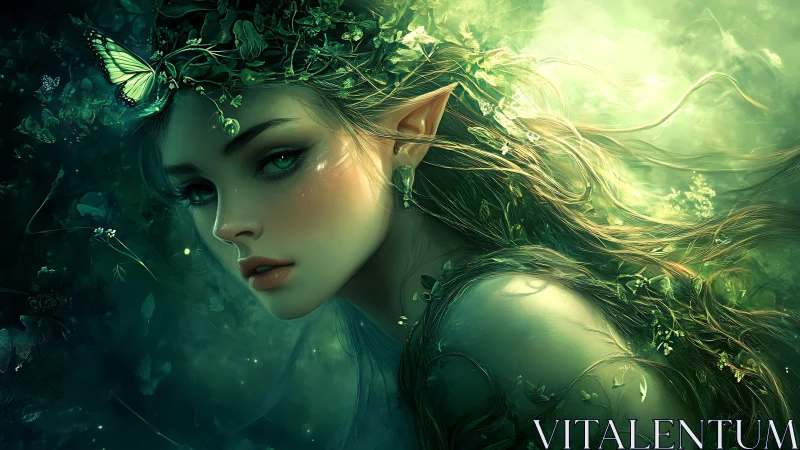 Emerald forest elf portrait with bioluminescent foliage glow