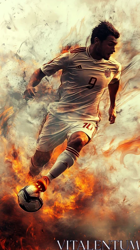 Fiery soccer forward drives blazing ball through flames.