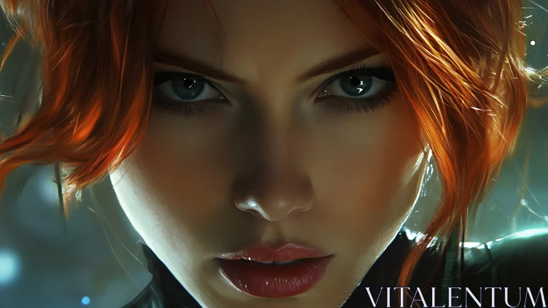 Fierce red‑haired heroine stares ahead in dramatic focus.