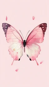 Soft pink watercolor butterfly rests in gentle pastel air