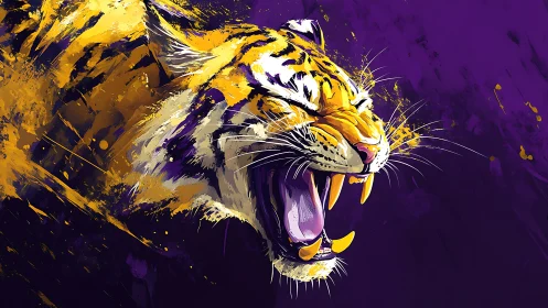 Tiger head profile rendered in abstract purple and yellow digital art.