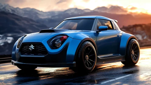 Electric blue mini muscle car prowls a sunlit mountain road.