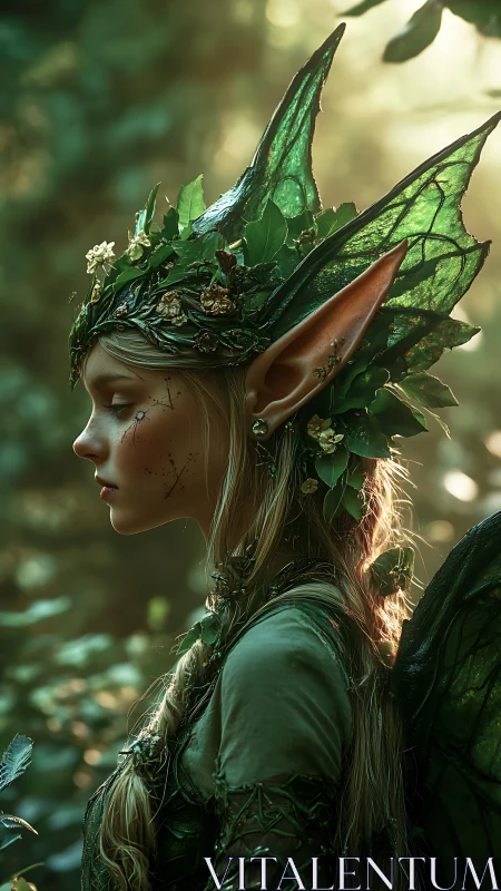 Profile view shows forest elf figure in green leaf armor