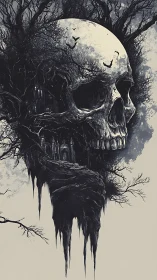 Moonlit skeletal landscape forms towering haunted skull
