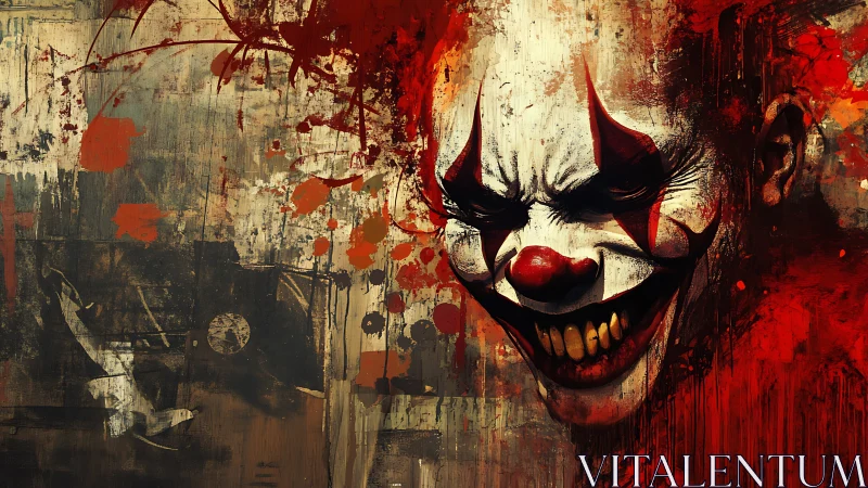 Blood-splashed jester erupts from canvas with feral laughter